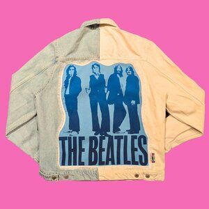 The Beatles Upcycled T-Shirt, White and Blue Denim Jacket Size M